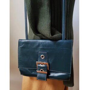 Vintage Y2K Perlina Dark Teal Modern Minimalist Leather Crossbody Buckle Bag